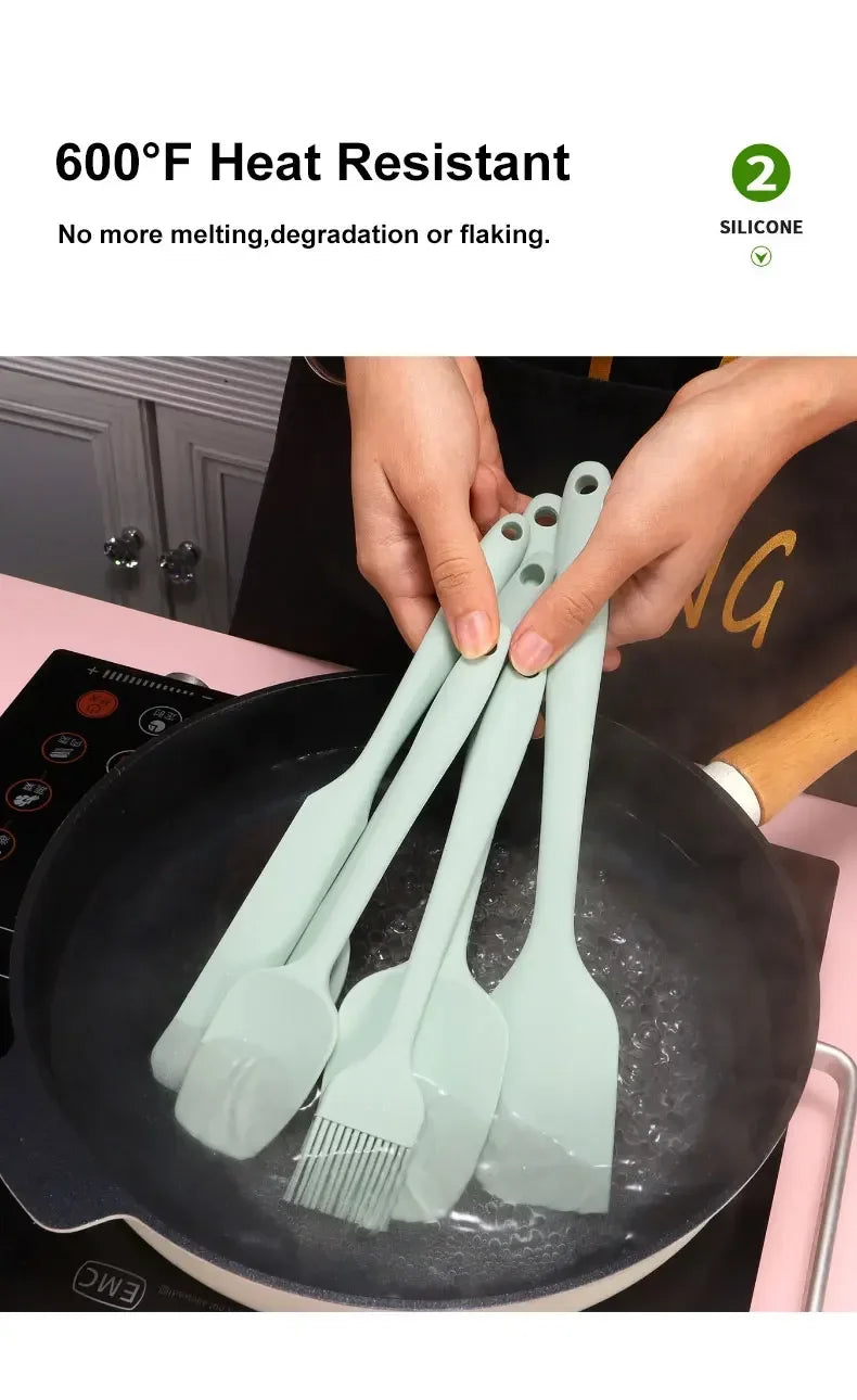 Juego de utensilios de cocina de silicona de 6 piezas, espátula integrada color crema, cepillo para aceite, juego de espátulas de diferentes tamaños