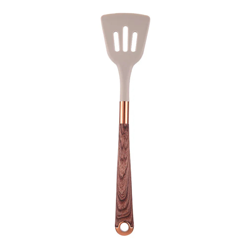 LMETJMA Juego de utensilios de cocina de silicona, 10 Uds., utensilio de cocina con soporte para utensilios, asas de patrón de madera, utensilios de cocina antiadherentes JT264