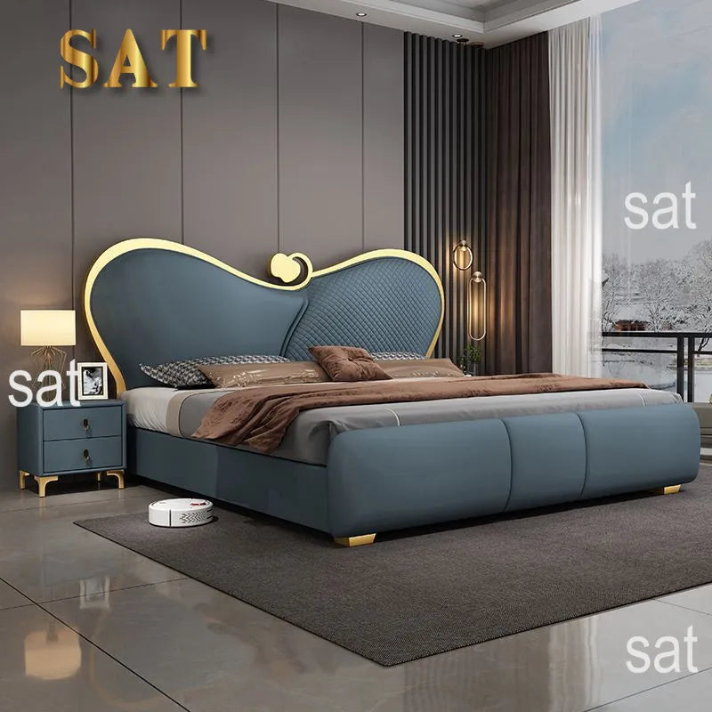 SAT. Cama Doble Moderna y Creativa de Lujo Ligero, Cama Suave, Estructura de Cama King Size y Queen Size, Juego de Muebles de Dormitorio de Alta Gama