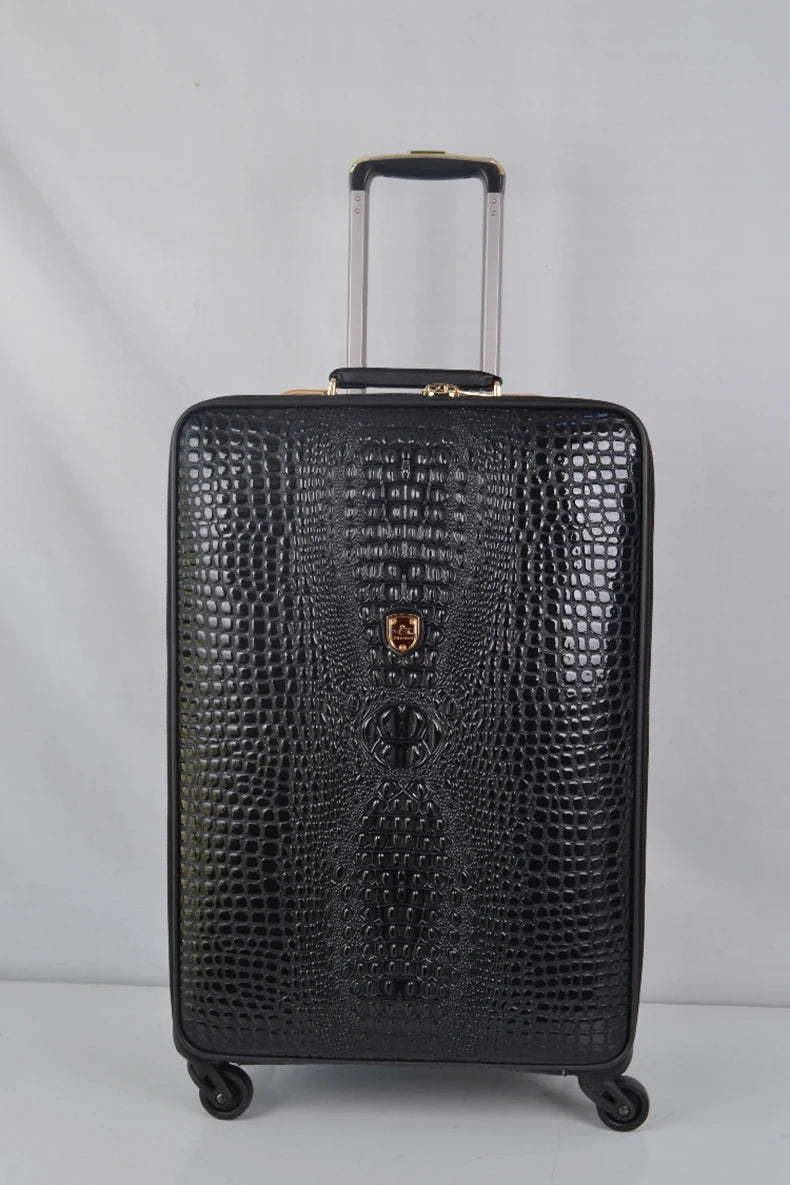 Equipaje rodante de cuero con patrón de cocodrilo, maleta con ruedas de embarque de 16/20/24 pulgadas, equipaje de viaje de cuero real para hombres y mujeres