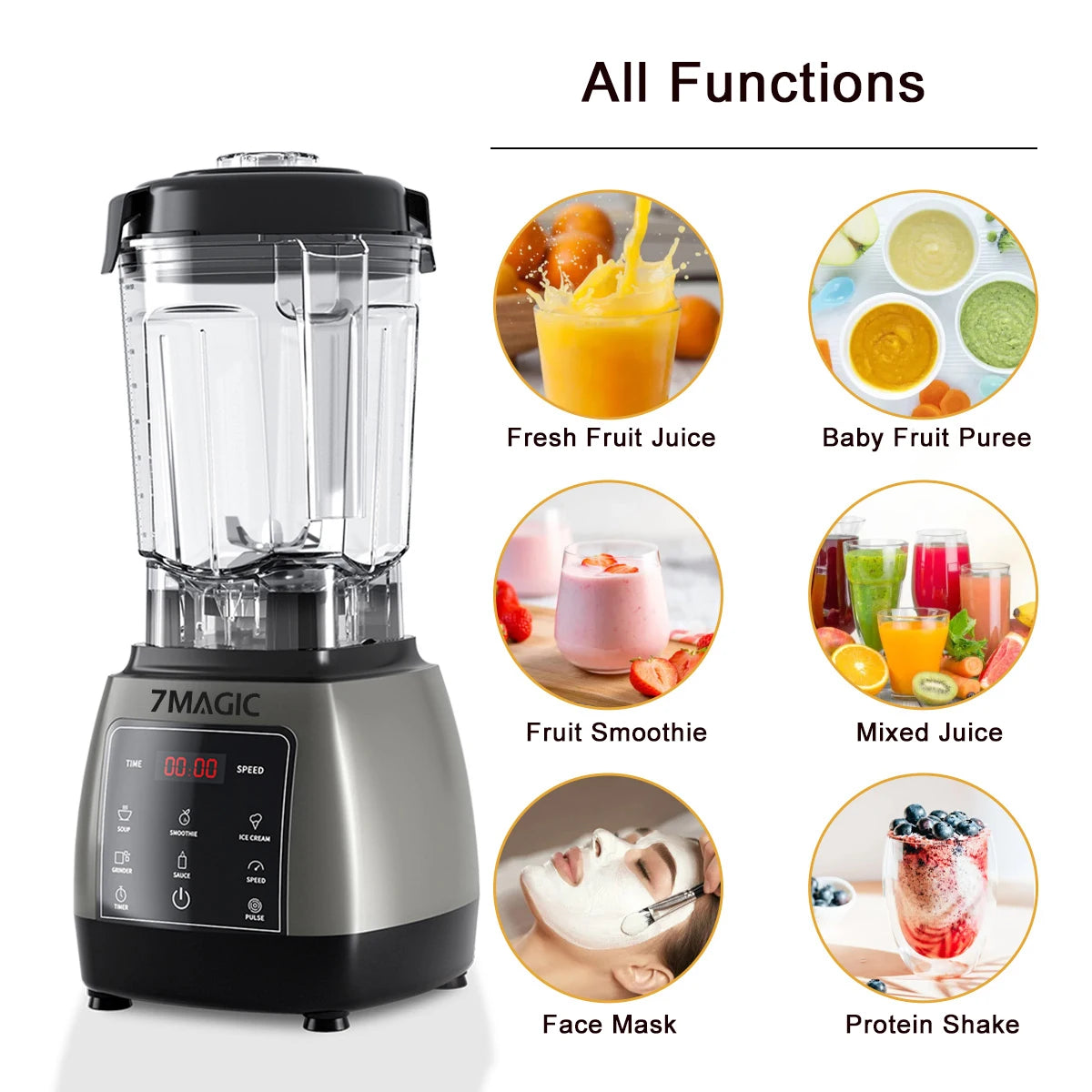 Batidora mezcladora con temporizador de alta resistencia, exprimidor de frutas, procesador de alimentos, batidos de hielo, sin BPA, tarro de 2L, 2000W