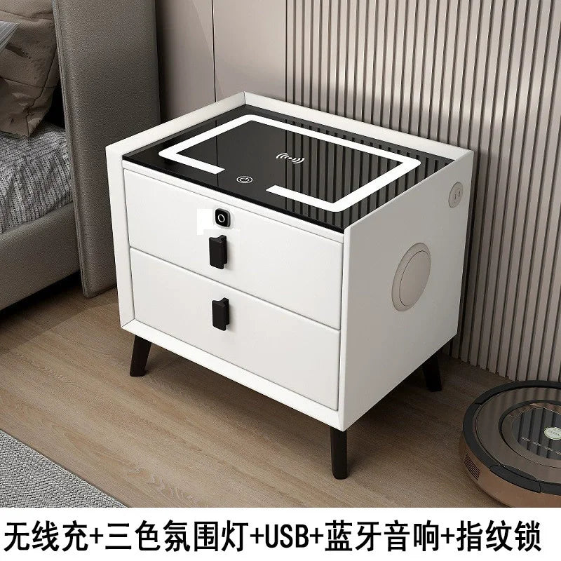Mesita de noche de madera inteligente con altavoz cargador inalámbrico, mesita de noche minimalista moderna de dos cajones, muebles multifuncionales para el hogar