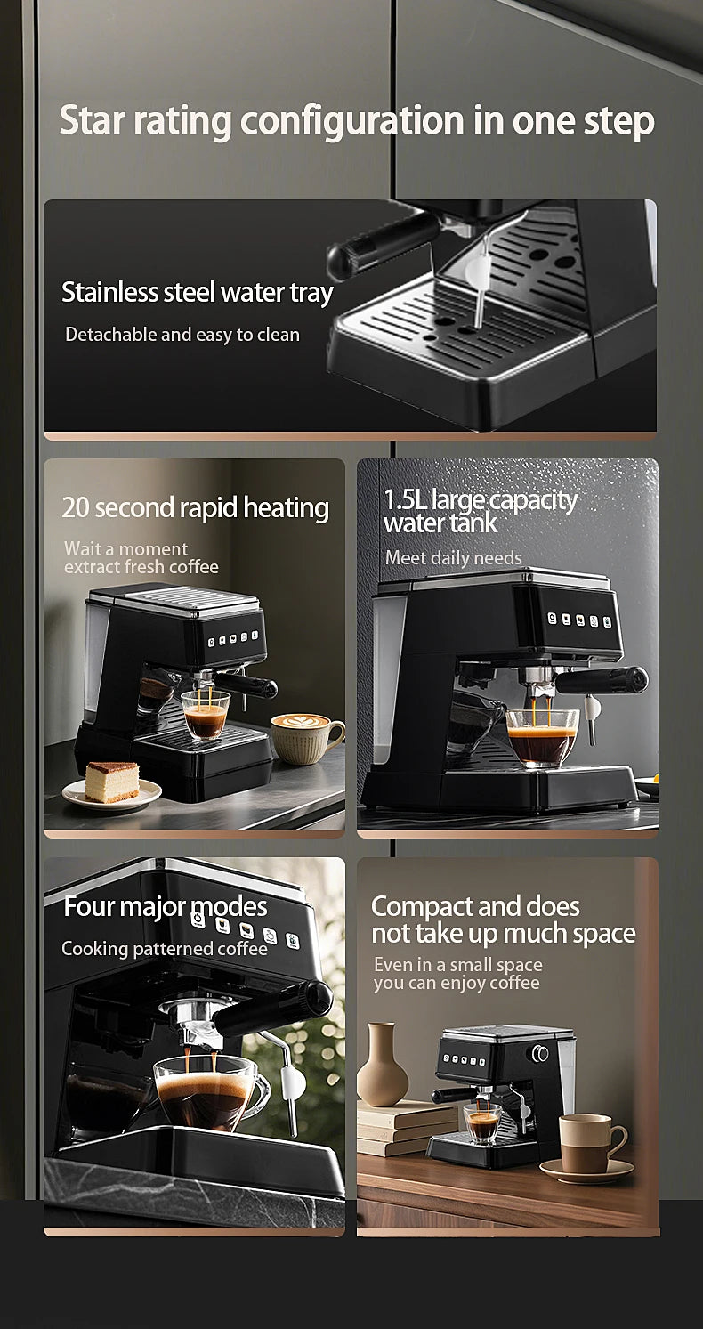 Cafetera Espresso de 20 Bares de Presión, Calentamiento Rápido en 20s, Extracción Automática, Espumador de Leche, Cafetera Barista para el Hogar, Tanque de Agua de 1.5L