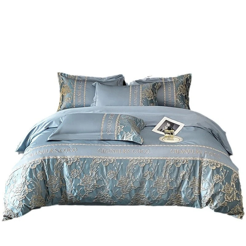 Juego de cama europeo de alta gama, juego de cuatro piezas de algodón de lujo, funda de edredón bordada de algodón, sábanas, sombreros, ropa de cama para personas mayores