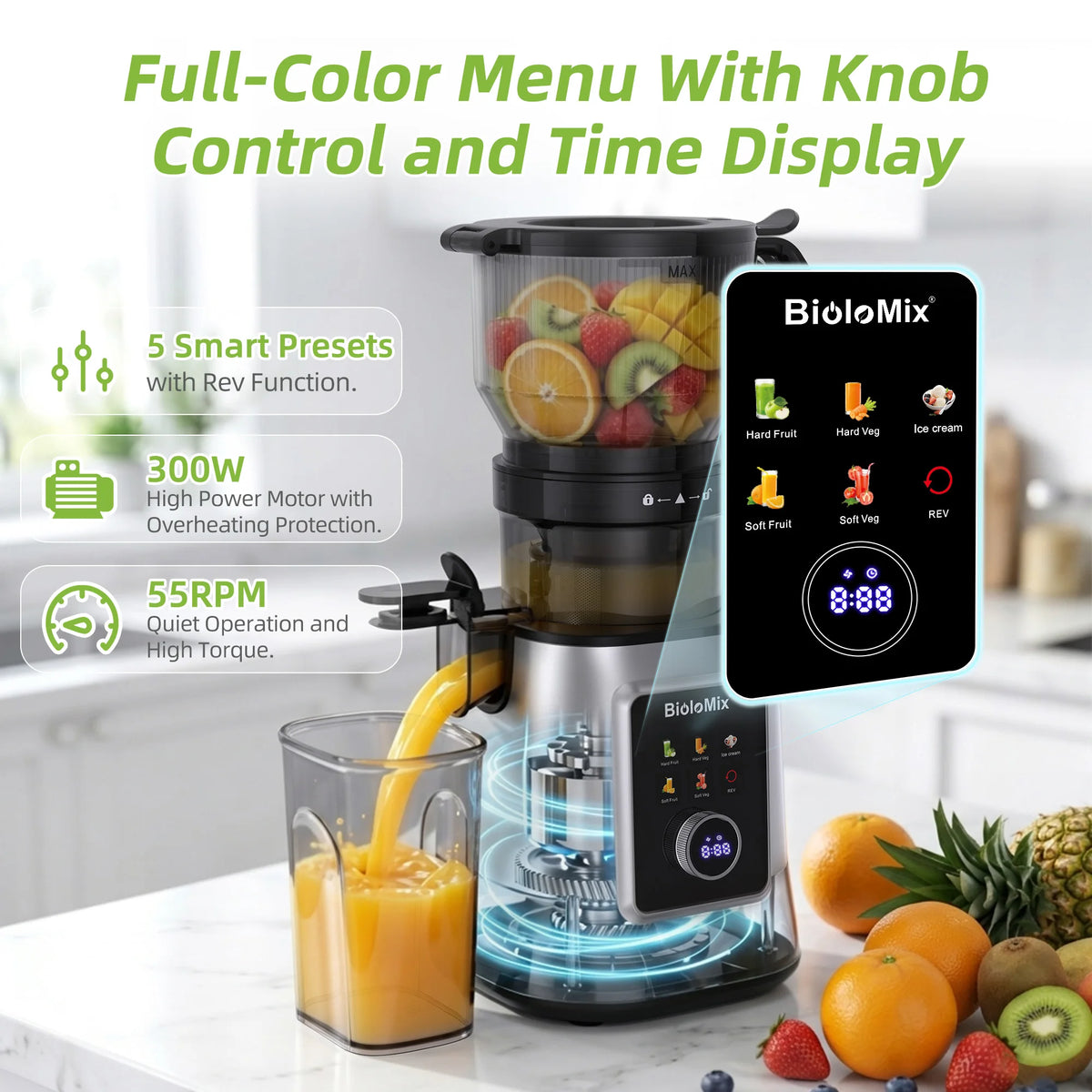 Extractor de Jugos Eléctrico Multifunción 3 en 1 BioloMix – Toma de Alimentación Ancha de 150 mm, Motor de 300 W con Pantalla Digital para Jugos Ricos en Nutrientes