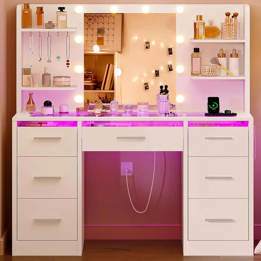 Tocador de Maquillaje con Espejo y Luces, Tocador Blanco con Superficie de Vidrio, Luces LED de 3 Colores y Enchufe, Personalizable