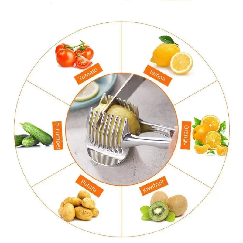 Práctico soporte de acero inoxidable para cebolla, rebanador de patatas, tomate, cortador de frutas y verduras, herramientas de cocina de seguridad, accesorios