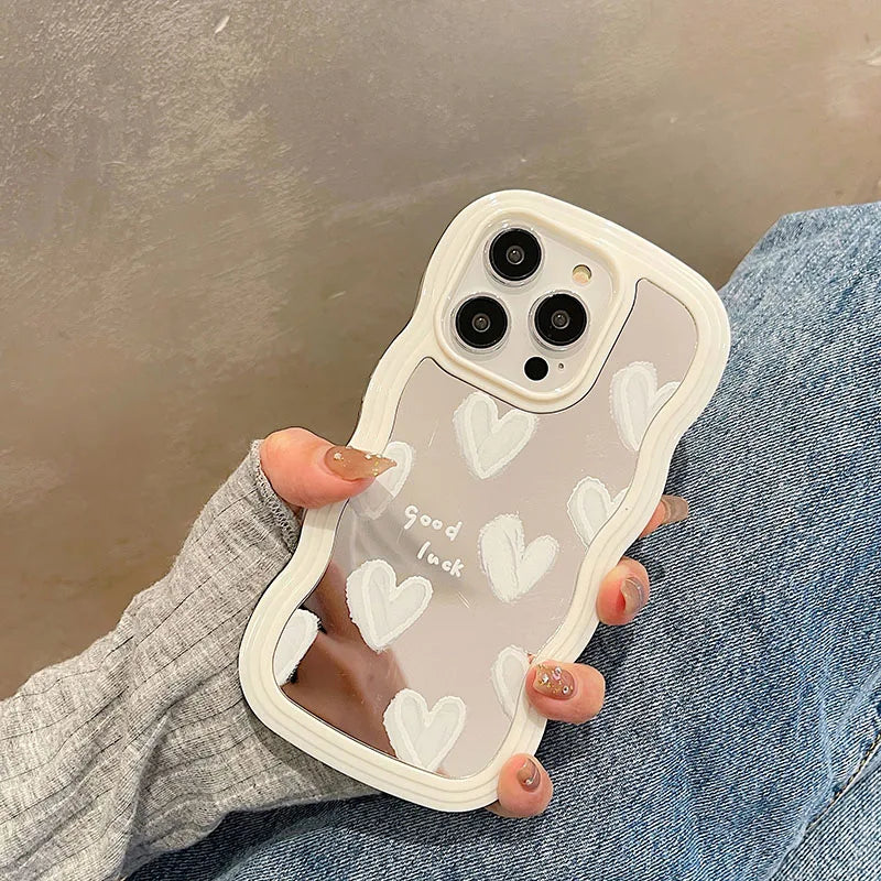 Funda de teléfono con espejo de maquillaje de corazón blanco encantador coreano para iPhone 17 Air 14 15 16 Pro Max 13 11 12 14 Plus XS X XR cubierta a prueba de golpes