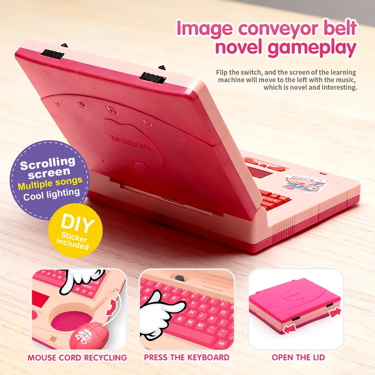 Juguete de Computadora Portátil Rosa para Niños – Computadora Educativa Interactiva con Música, Luces y Ratón para el Desarrollo Temprano