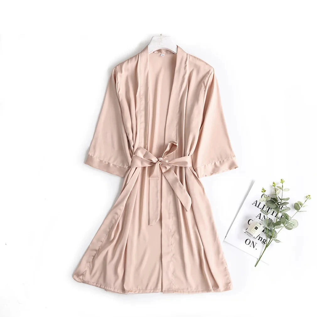 Bata de Novia Blanca para Mujer, Kimono de Satén de Seda, Ropa de Dormir Holgada con Manga 3/4, Lencería