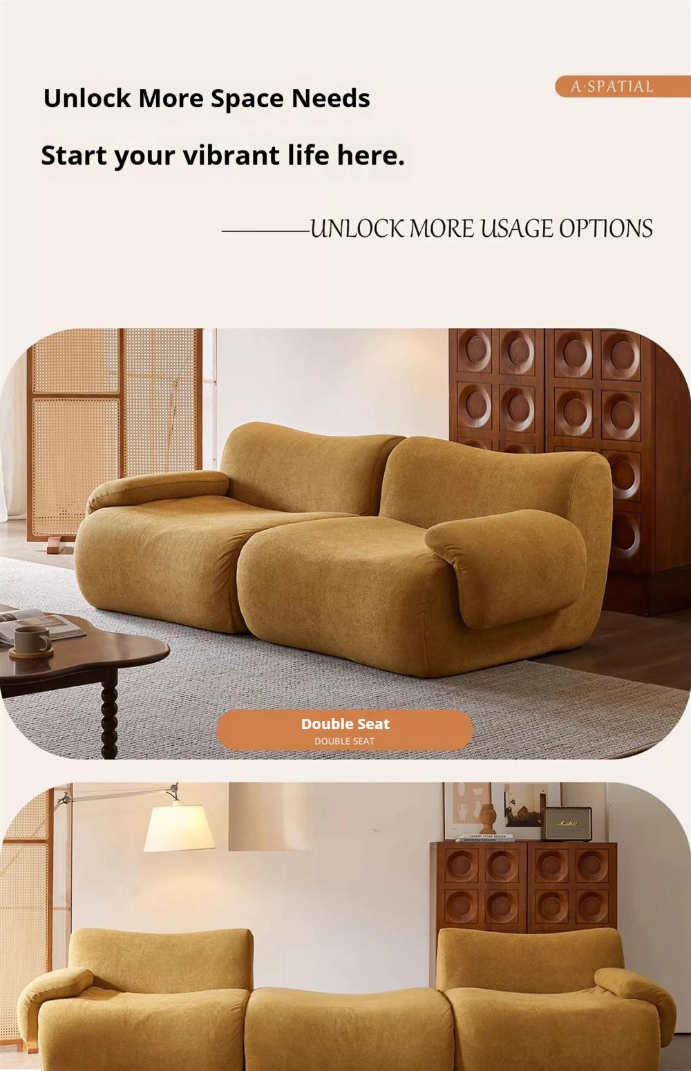 Sofá modular comprimido al vacío, seccional de tela Wabi-Sabi Sherpa con espuma muy elástica, estilo crema de mediados de siglo, ahorro de espacio
