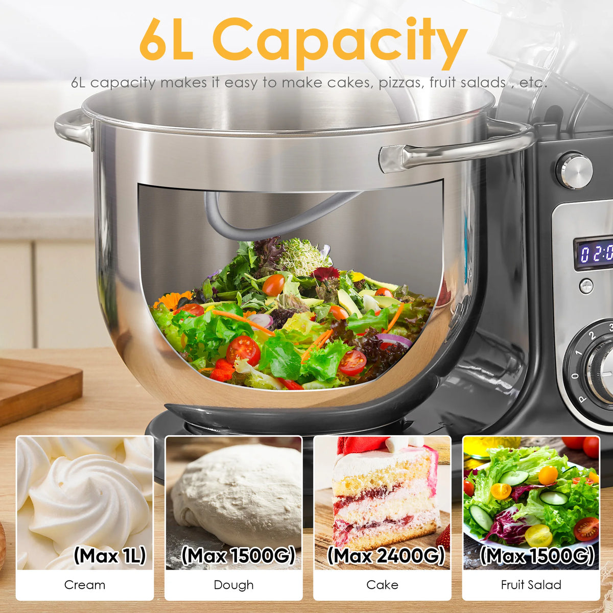 BioloMix Batidora de pie para alimentos de cocina, licuadora, motor silencioso, batidor de huevos y crema, amasadora de masa, 6 velocidades, 1200 W, 6 L, CC