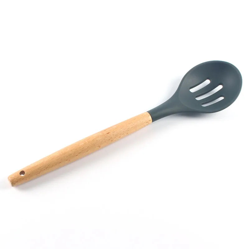 Juego de 12 utensilios de cocina de silicona con mango de madera, espátula antiadherente, cuchara para sopa y freír
