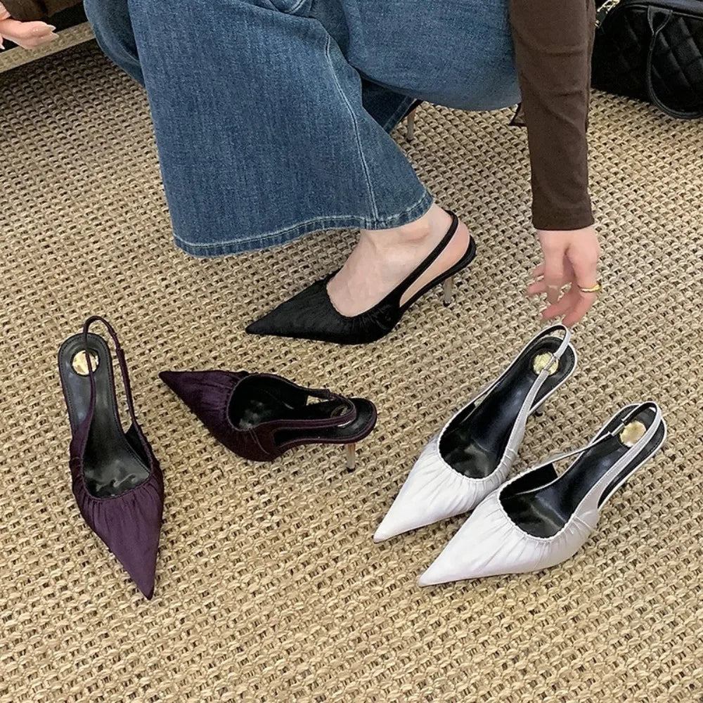 Aneikeh, moda de verano, diseño elegante, satén plisado, puntiagudos, zapatos de tacón con talón descubierto, sandalias sexis para mujer, tacones altos finos, zapatos de banquete