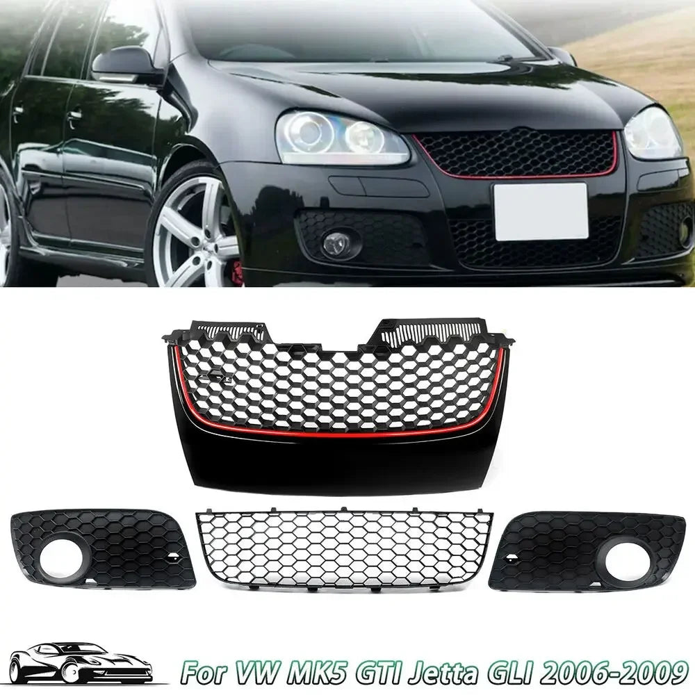 Parachoques delantero superior e inferior, rejilla de malla, moldura roja para 06-09 VW Jetta GTI GLI /MK5