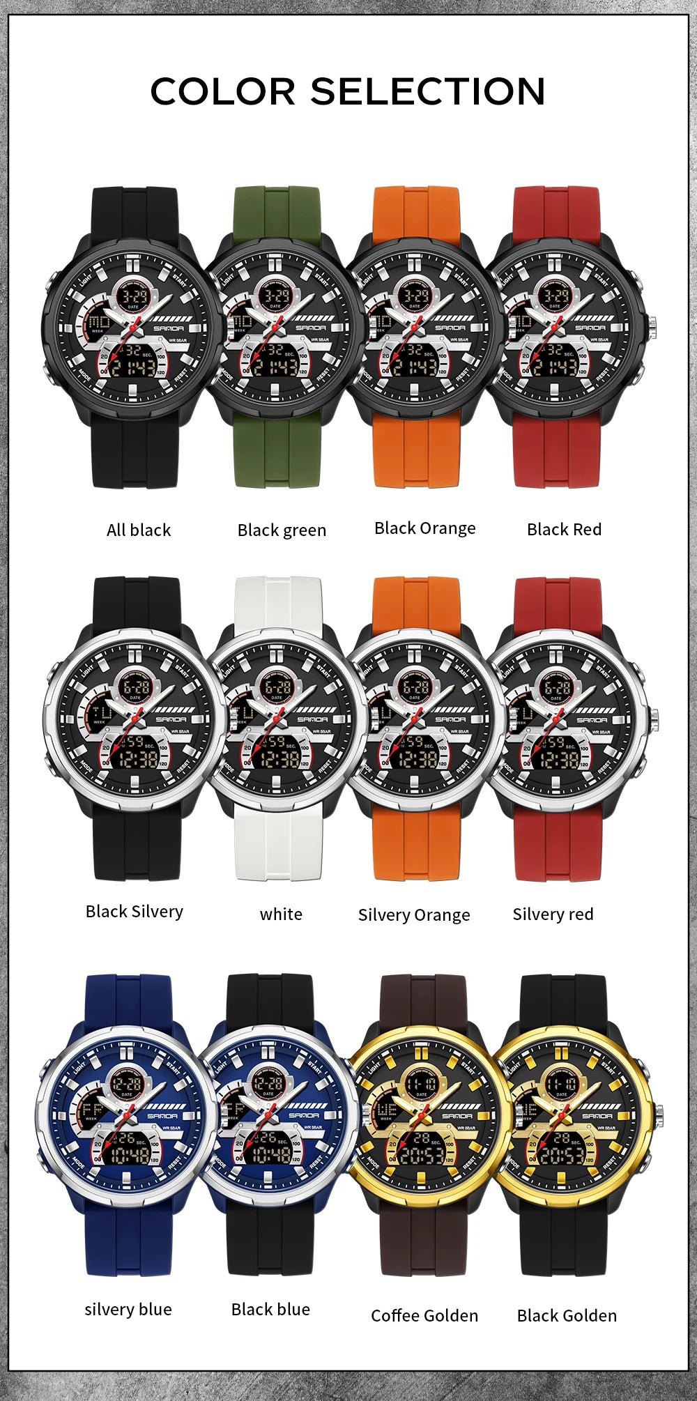 Reloj electrónico de cuarzo SNADA para hombre con pantalla Dual deportivo multifuncional LED resistente al agua reloj electrónico de cuarzo para hombre 9077