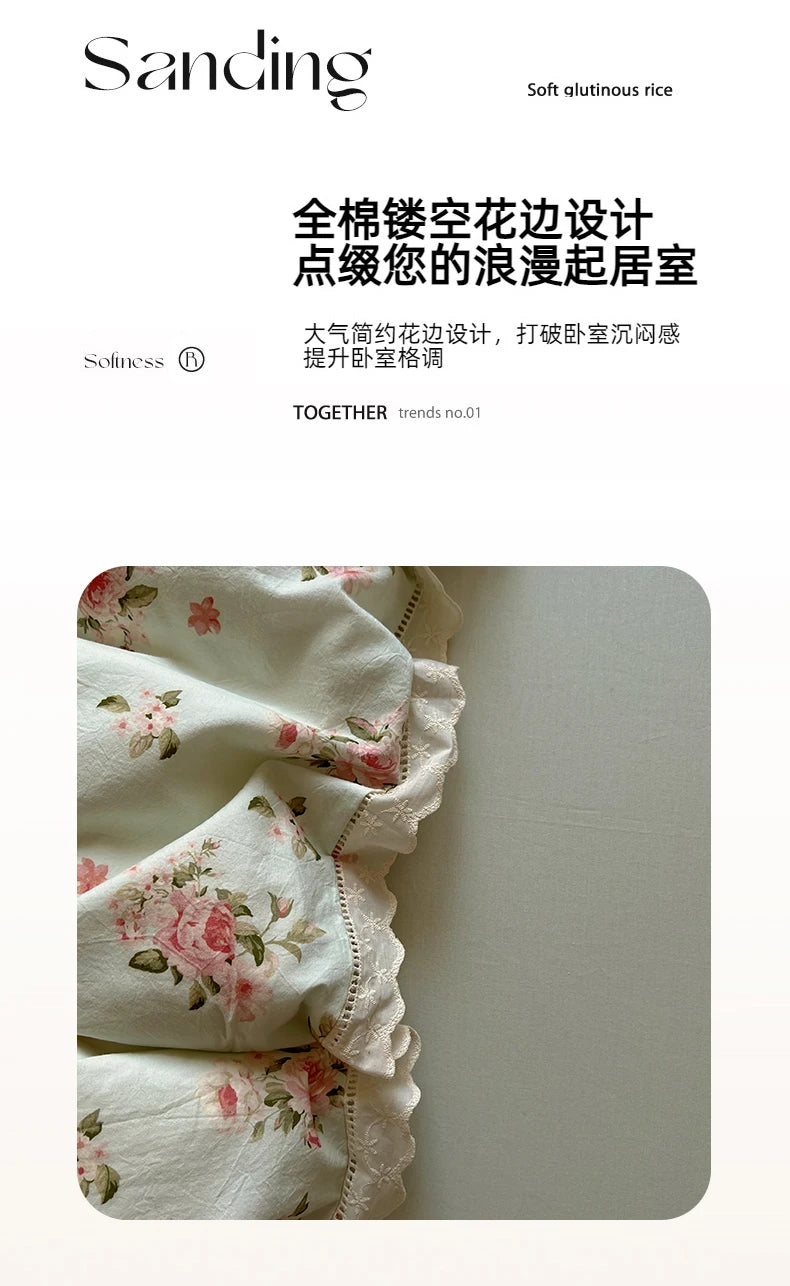Juegos de funda nórdica de algodón lavado, juego de cama con estampado de flores individual/Queen/king, estilo princesa, funda de couette de 220x240 con encaje