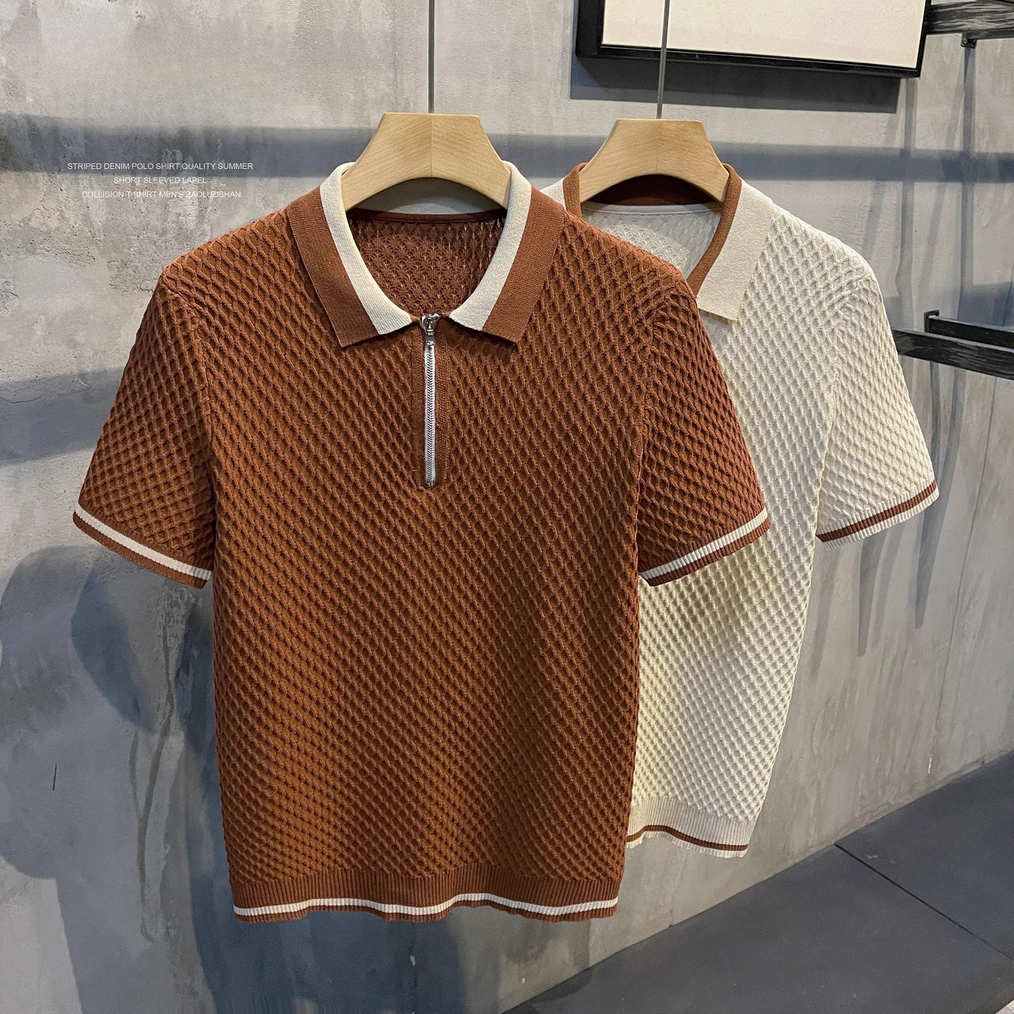 Camisa Polo de Punto Jacquard con Cuello en V para Hombre, Estilo Casual, Color Sólido, Manga Corta, Transpirable, Ropa de Lujo B24, 2026