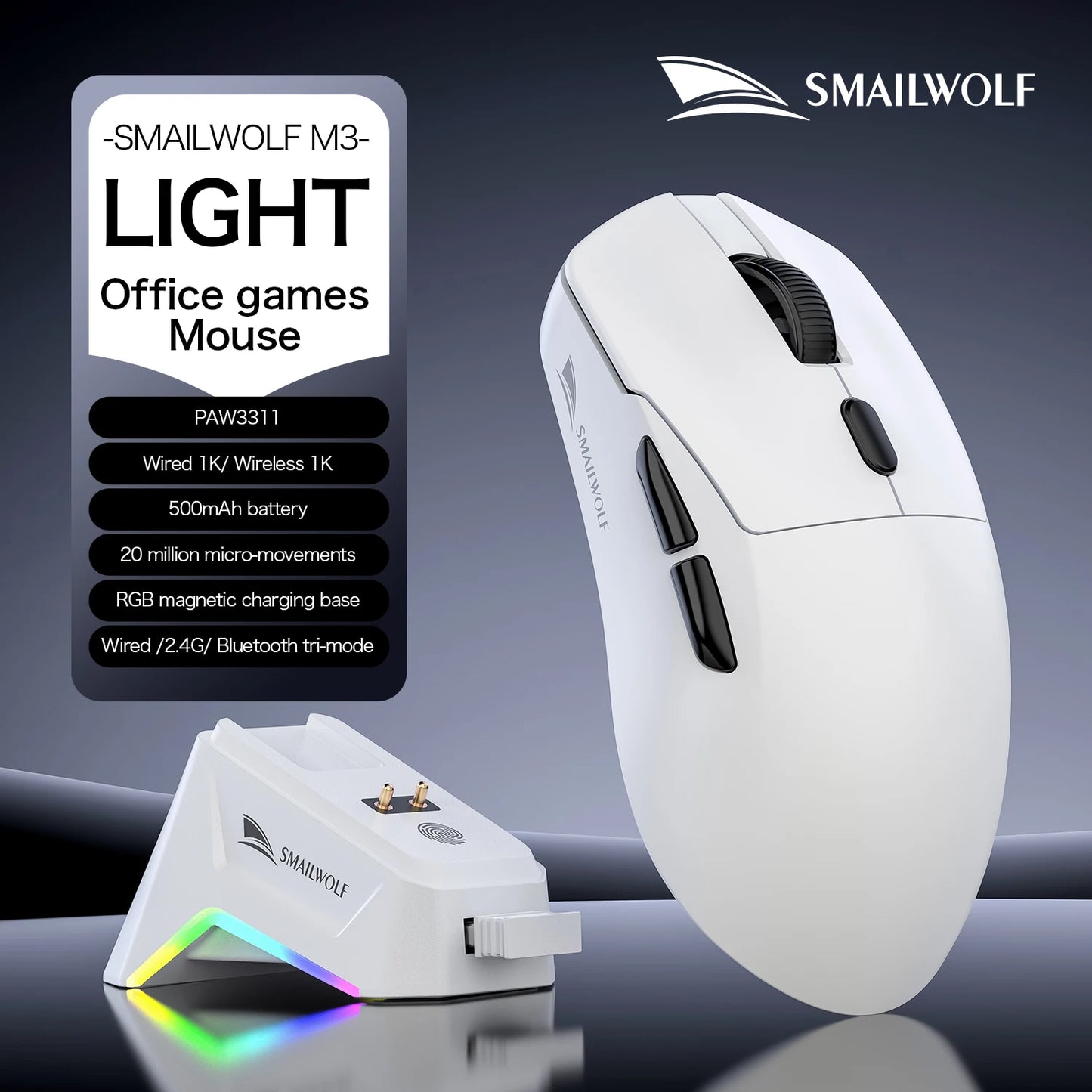 Ratón Inalámbrico SMAILWOLF M3 PRO con Bluetooth de Tres Modos, para Juegos, Portátil, Escritorio, PAW3311, con Cable, Ligero, para FPS