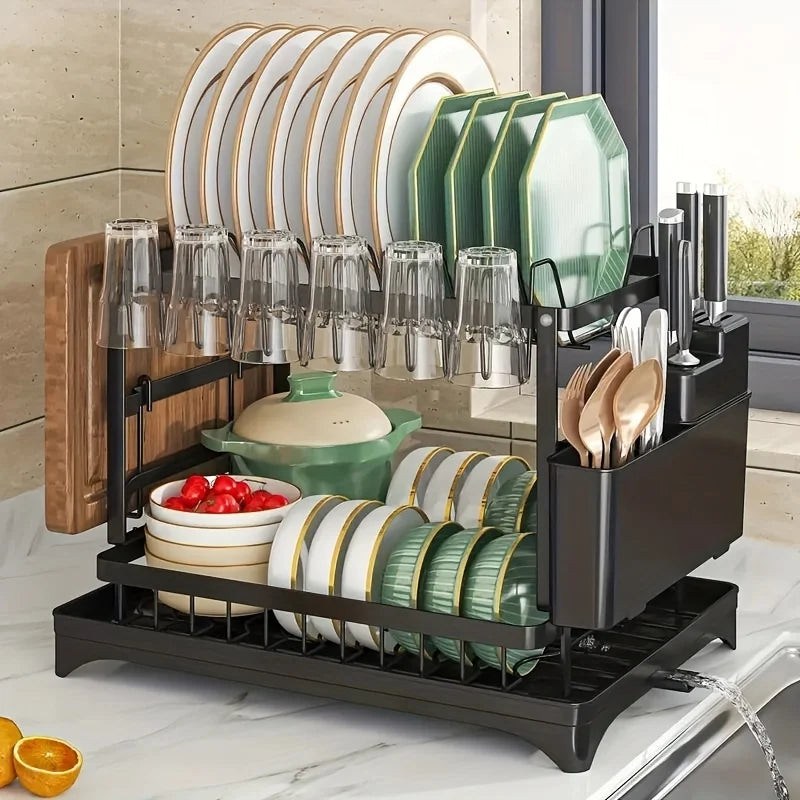 Estante para cuencos de cocina, escurridor de doble capa, 1 unidad, escurridor de vajilla, soporte para palillos, tazas y tablas de cortar, estante de almacenamiento para cocina.