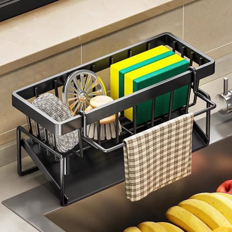 Soporte de esponja de cocina, escurridor, organizador de fregadero para almacenamiento de paño de cocina con gancho para colgar