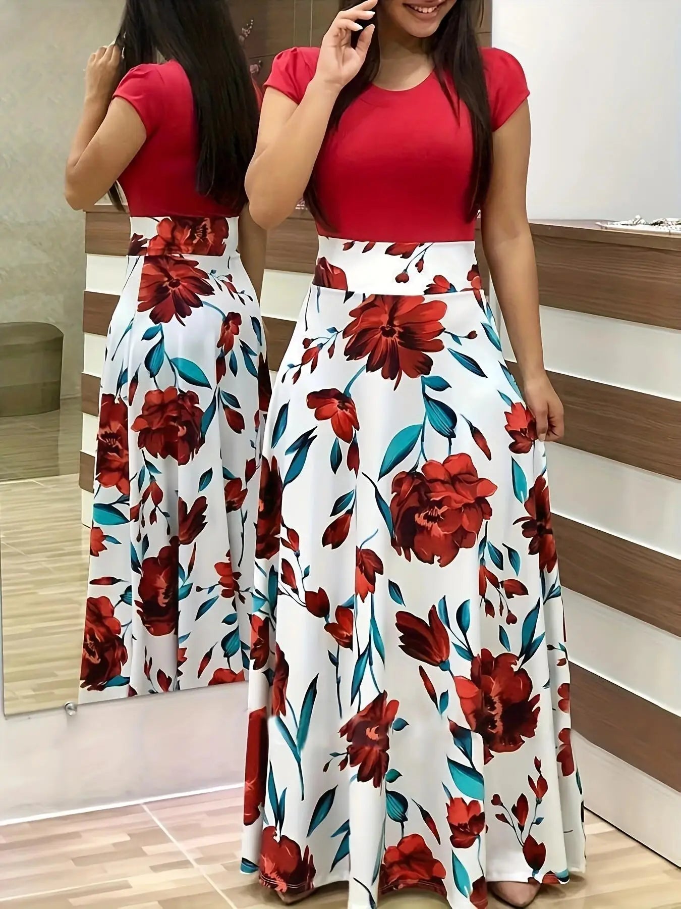 Vestido de manga corta a juego con estampado de flores de estilo europeo y americano para mujer, falda con vuelo grande, 2024