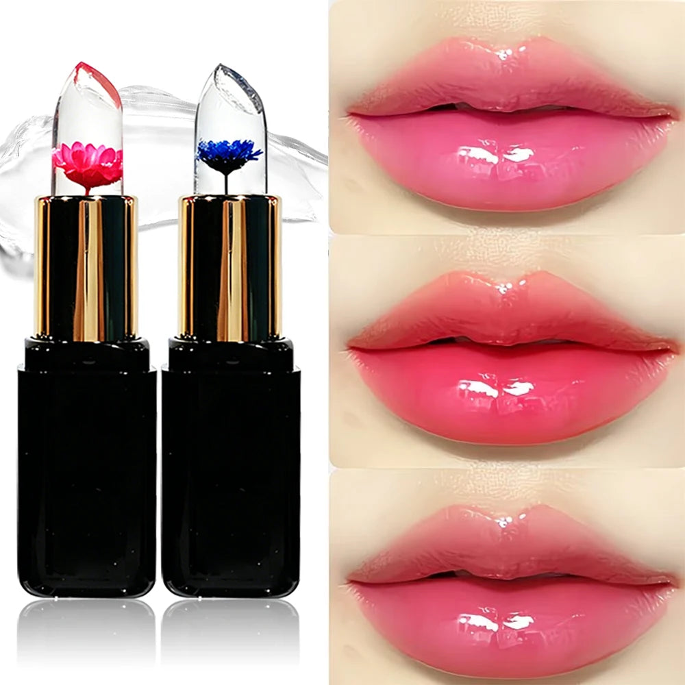 HISYI Crystal Crystal Color Changing Petal Lipstick, bálsamo labial en gel, maquillaje labial brillante hidratante de larga duración que no se pega a la taza para mujeres