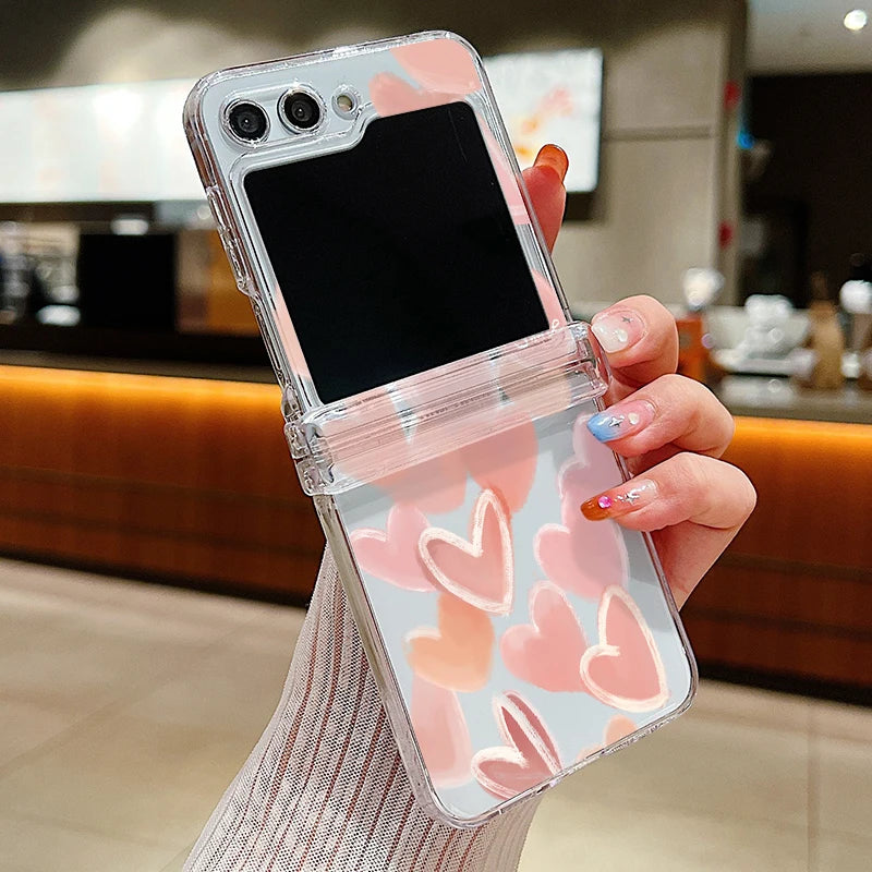 Funda de teléfono transparente con diseño de flor de amor para Samsung Galaxy Z Flip7 FE Flip 7 6 5 4 3 5G Flip5 Flip6, funda dura para PC a prueba de golpes