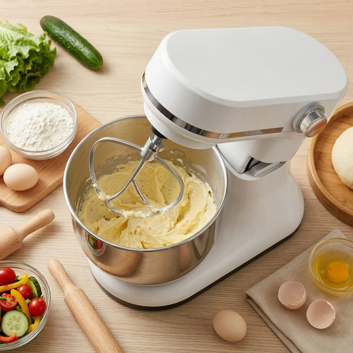 Batidora de Pedestal BioloMix de Doble Tazón y 8 Velocidades – Tazones Intercambiables de 5.5L y 4L, Batidor de Varillas, Gancho Amasador y Batidor Plano