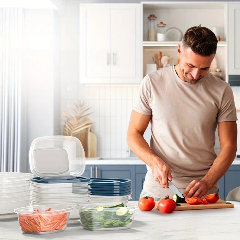 Juego de 6 Recipientes Transparentes Apilables de Plástico para Almacenamiento de Alimentos con Tapas Azules y Marcas de Medición—Reutilizables, Aptos para Lavavajillas