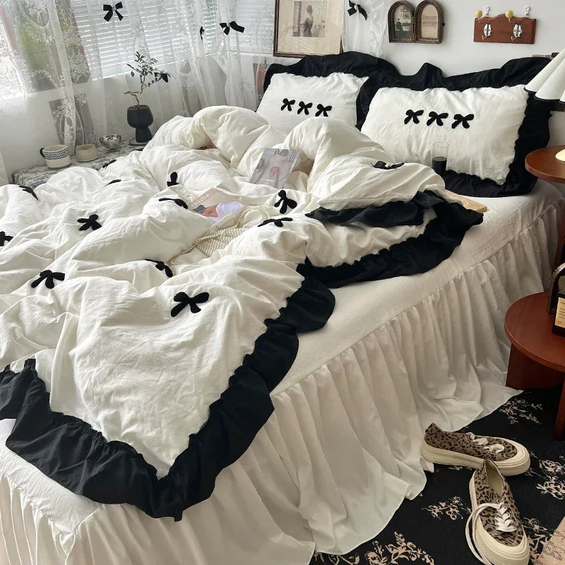 Juego de cama de algodón con lazo negro, funda nórdica suave y agradable para la piel estilo princesa para niña, sábana o funda de almohada para falda de cama