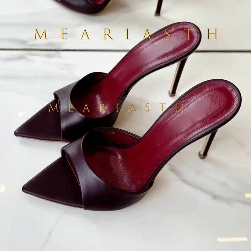 Mulas de cuero de Color caramelo para mujer, zapatos de tacón alto fino con punta abierta y punta abierta, zapatillas modernas sexis para fiesta para primavera y verano