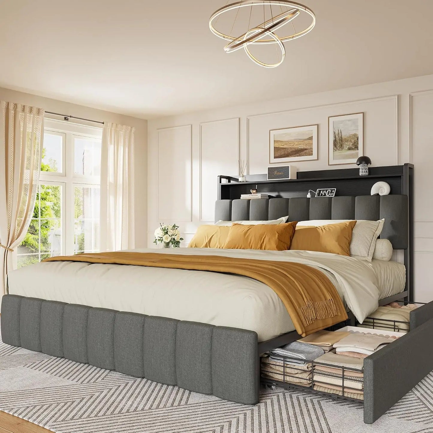Base de Cama Queen Size con Cabecera Tapizada y Estación de Carga, Base de Cama Queen con 4 Cajones de Almacenamiento, 2 Niveles, Personalizable
