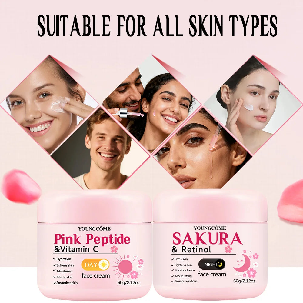 Set de cuidado de la piel día y noche de 4 piezas: crema de día con vitamina C con péptido rosa + crema de noche con retinol Sakura y esencia para hidratación, firmeza