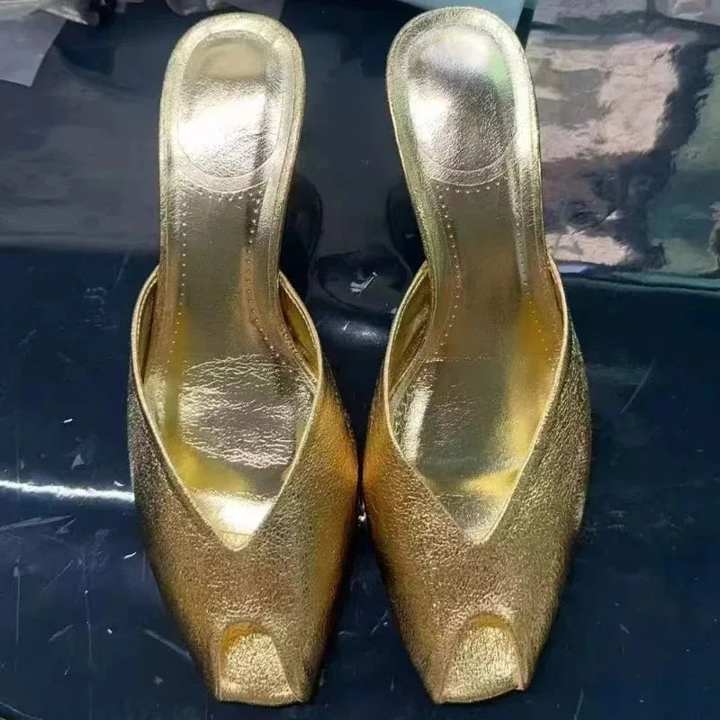 Zapatillas De tacón dorado De diseñador De lujo para Mujer, sandalias deslizantes elegantes con punta abierta y sexis para Mujer, Zapatos De tacón para novia y boda