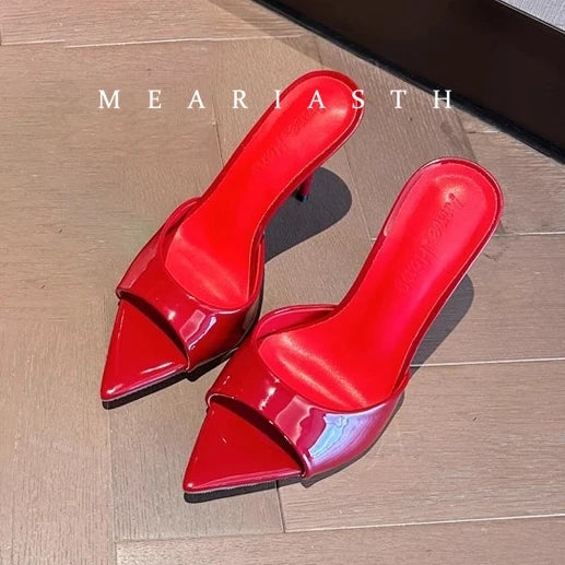 Sandalias de tacón de charol rojo, Sandalias poco profundas sin cordones, tacones sexis sólidos, zapatos de tacón de aguja de verano de 10CM, Sandalias con punta abierta y una correa