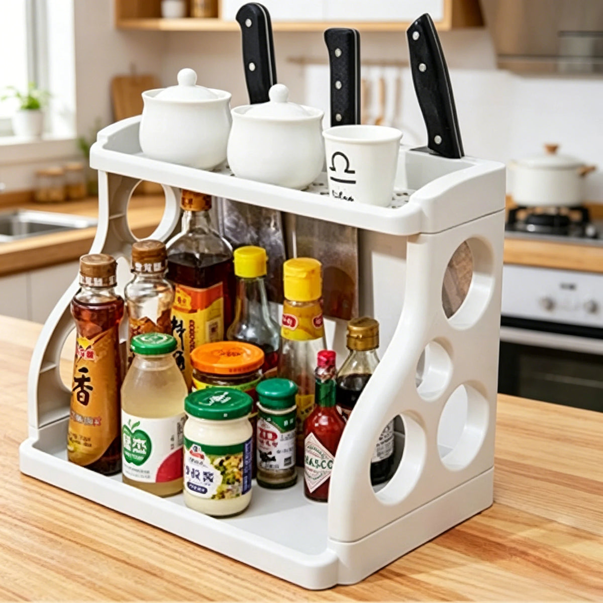 Estante de Cocina de Doble Capa, Multifuncional, Organizador de Especias y Condimentos, Portacuchillos, Estante para Utensilios de Cocina
