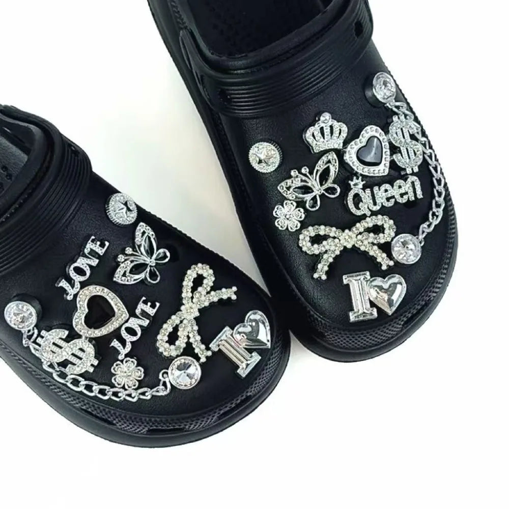 Juego de 20 piezas de dijes para zapatos, corona plateada, letra, mariposa, cadena de diamantes, decoraciones para zapatos, hebilla para sandalias, zuecos, accesorios DIY, regalo