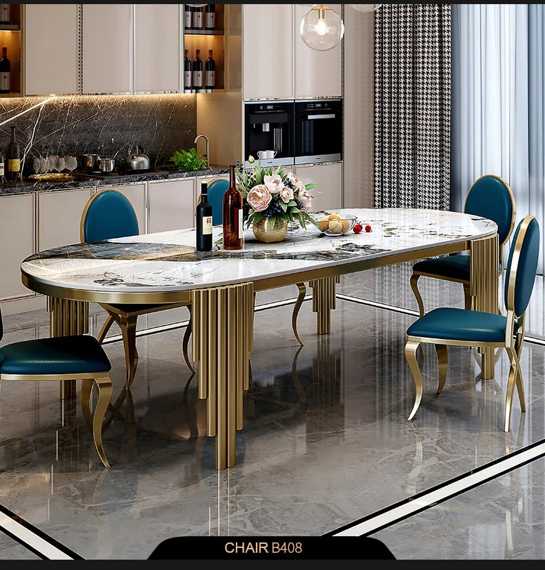 Juego de comedor de acero inoxidable, muebles para el hogar, mesa de comedor de mármol moderna