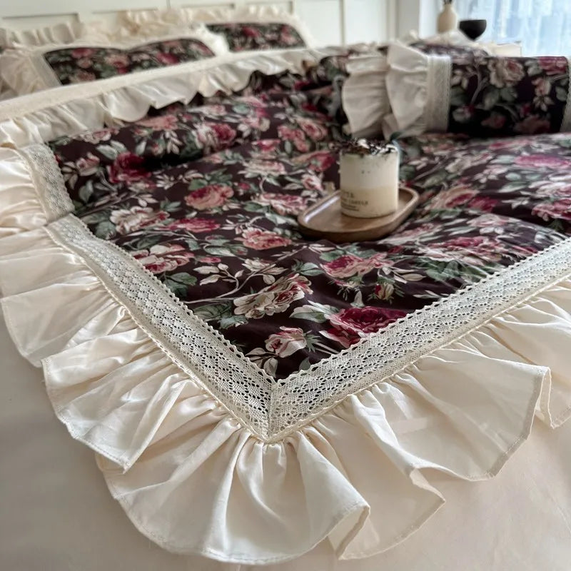 Juego de fundas de edredón con volantes, de 3 piezas ropa de cama, Floral, 100% algodón, blanco, 2 fundas de almohada, US/UK, Super King size