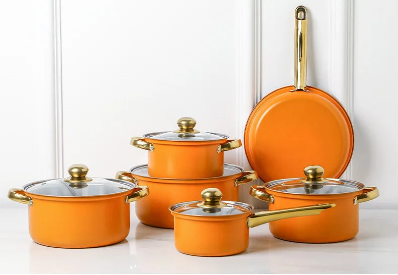 Juego de Ollas de Acero Inoxidable de 12 Piezas, Olla para Sopa, Sartén Antiadherente, Olla para Leche con Asa Dorada