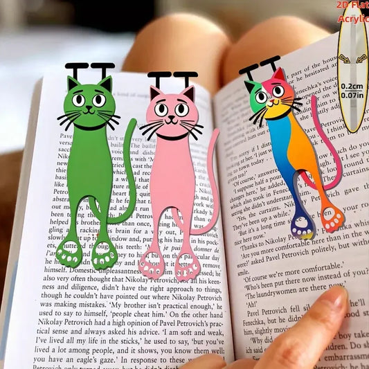 3 Marcadores de Libros Acrílicos 2D con Diseño de Gato - Marcadores de Página Coloridos para Amantes de los Libros, Estudiantes y Uso en la Oficina