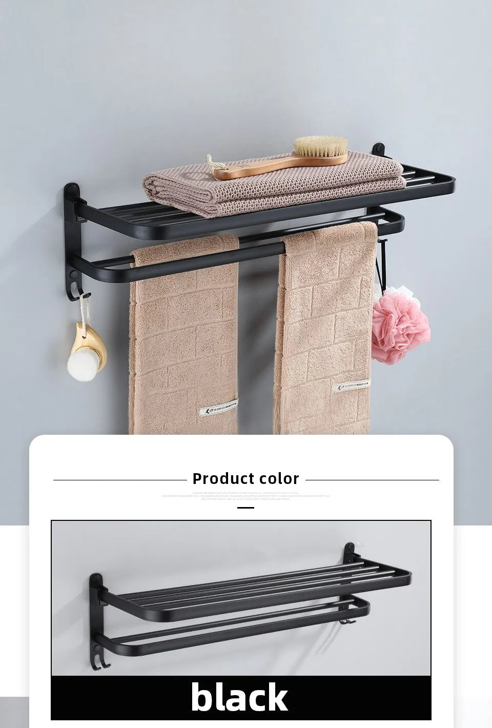 Soporte plegable negro mate de 50cm con gancho, soporte para toallas de pared, soporte para toallas de aluminio