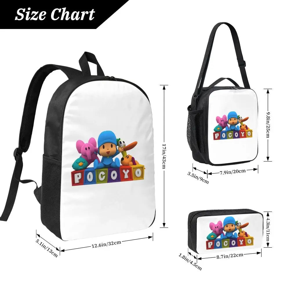 Mochila azul de dibujos animados de Pocoyo para niños, mochila escolar, bolsos de hombro para ordenador, bolsa de almuerzo aislada de 3 piezas, estuche para lápices