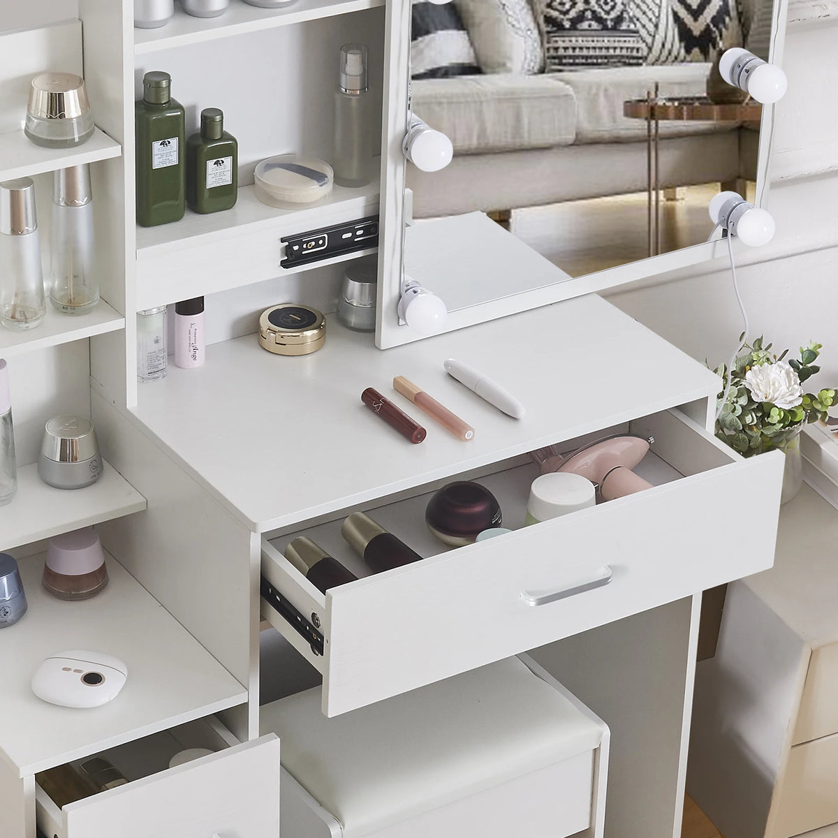 Mesa de tocador LED con espejo deslizante, escritorio de maquillaje blanco, taburete de 4 cajones, tocador para mujer, muebles glam