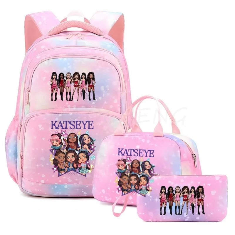 Mochila Katseye para mujer, 3 unidades/juego, mochila escolar para estudiantes, mochila de viaje al aire libre de gran capacidad, mochila escolar para estudiantes con dibujos animados