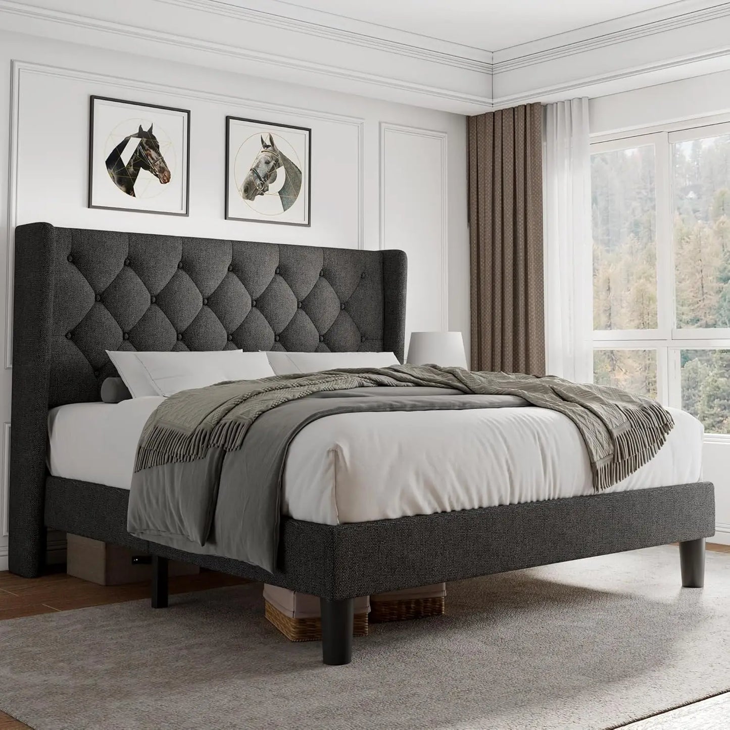 Cama Queen con Plataforma de Terciopelo, Tapizada con Botones, Estructura de Madera, Láminas de Madera, 8 Pulgadas de Espacio de Almacenamiento Debajo de la Cama, Sin Necesidad de Somier, Sin Ruido, Fácil de Montar