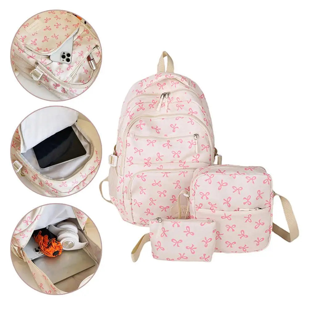 Conjunto de mochila de 3 uds., mochila con lazo de gran capacidad, bolso escolar de nailon con estampado de lazo, mochila para estudiantes con correa ajustable