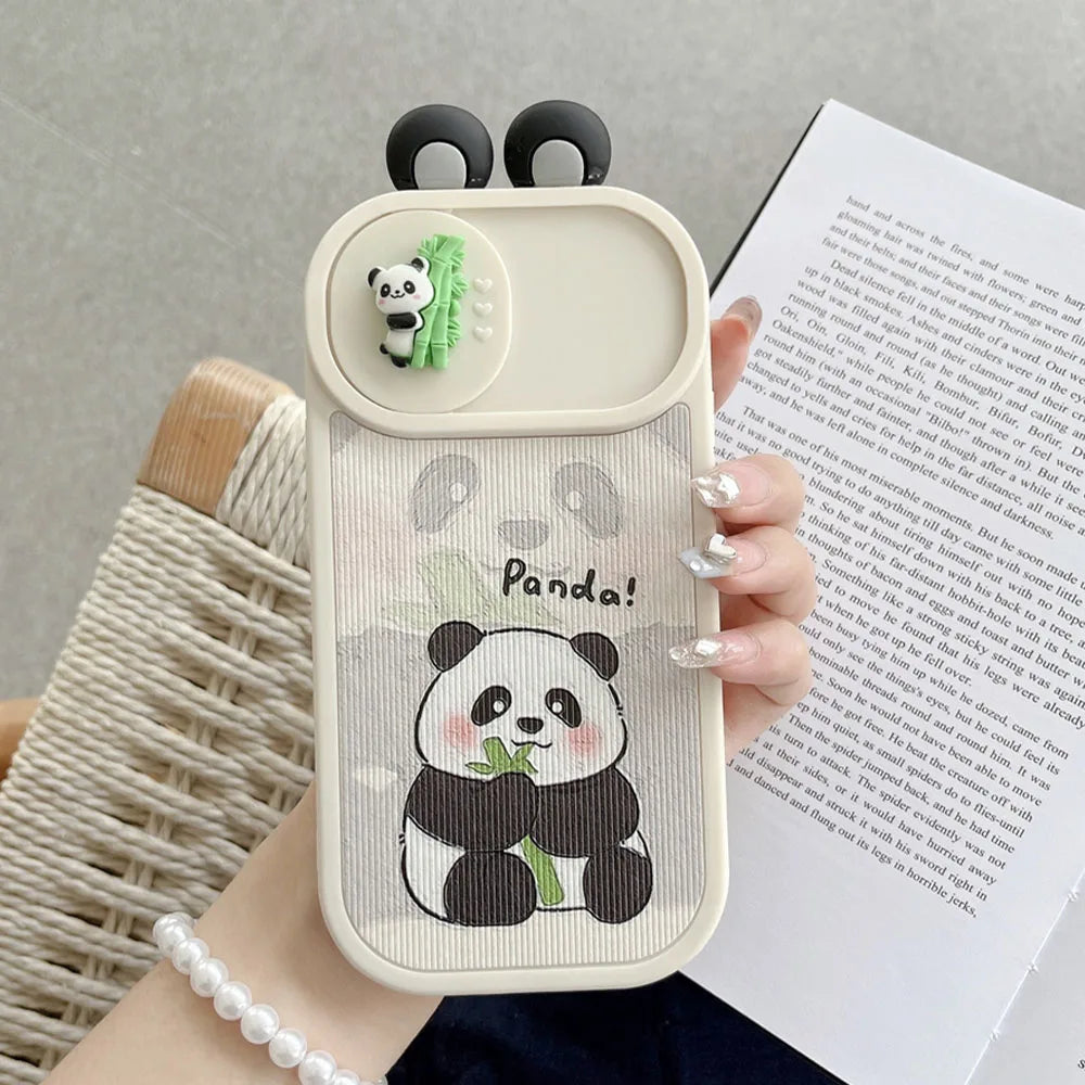 Ins 3D Panda Slide cámara protección funda de teléfono de silicona para iPhone 16 14 12 13 15 Pro Max 11 orejas de dibujos animados cubierta trasera a prueba de golpes