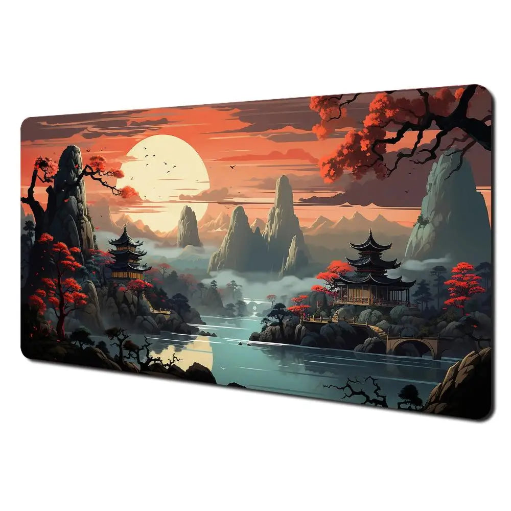 Alfombrilla de ratón grande con paisajes artísticos en rojo y negro, alfombrilla de escritorio duradera antideslizante, accesorios de oficina, alfombrilla para teclado y ratón, Tapis De Bureau